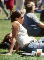 Students relaxing on green