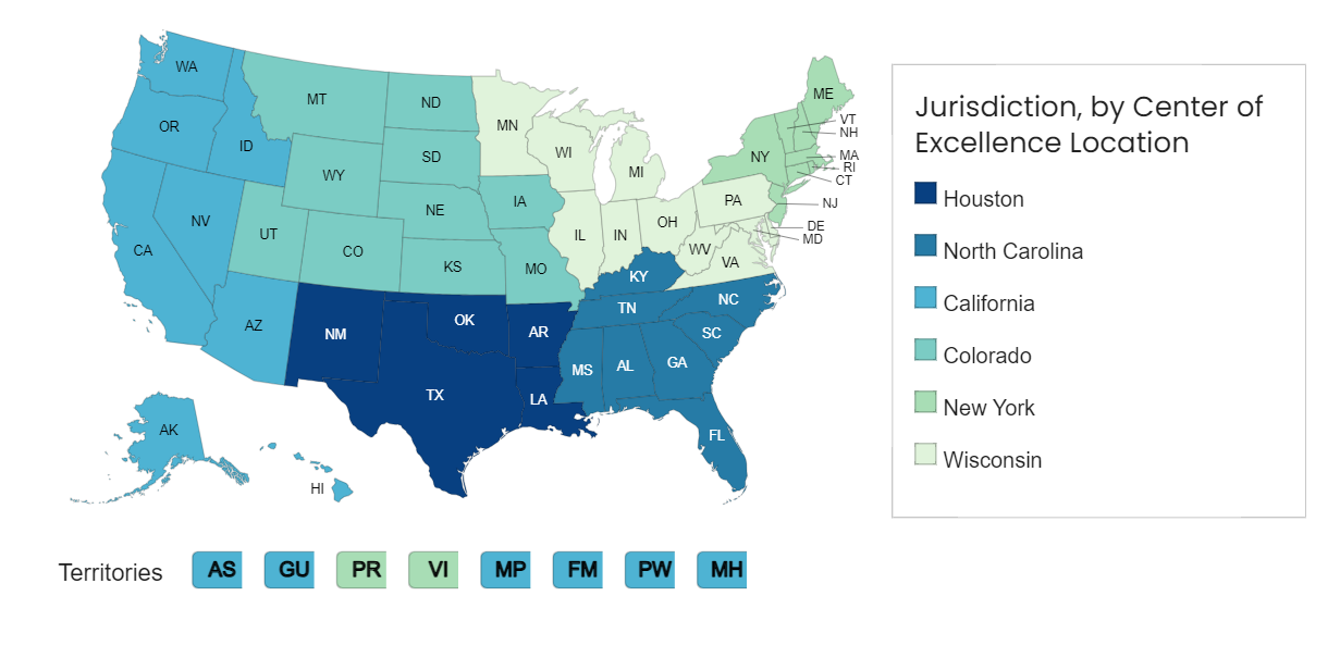 Map showing jurisdictional borders for Wastewater Surveillance Centers of Excellence