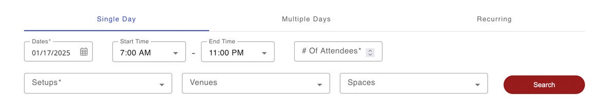 screenshot of single day event booking interface