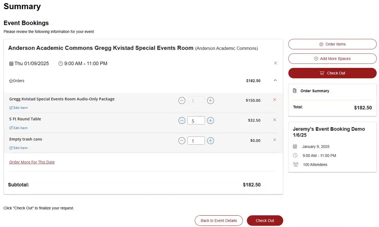 screenshot of event booking summary