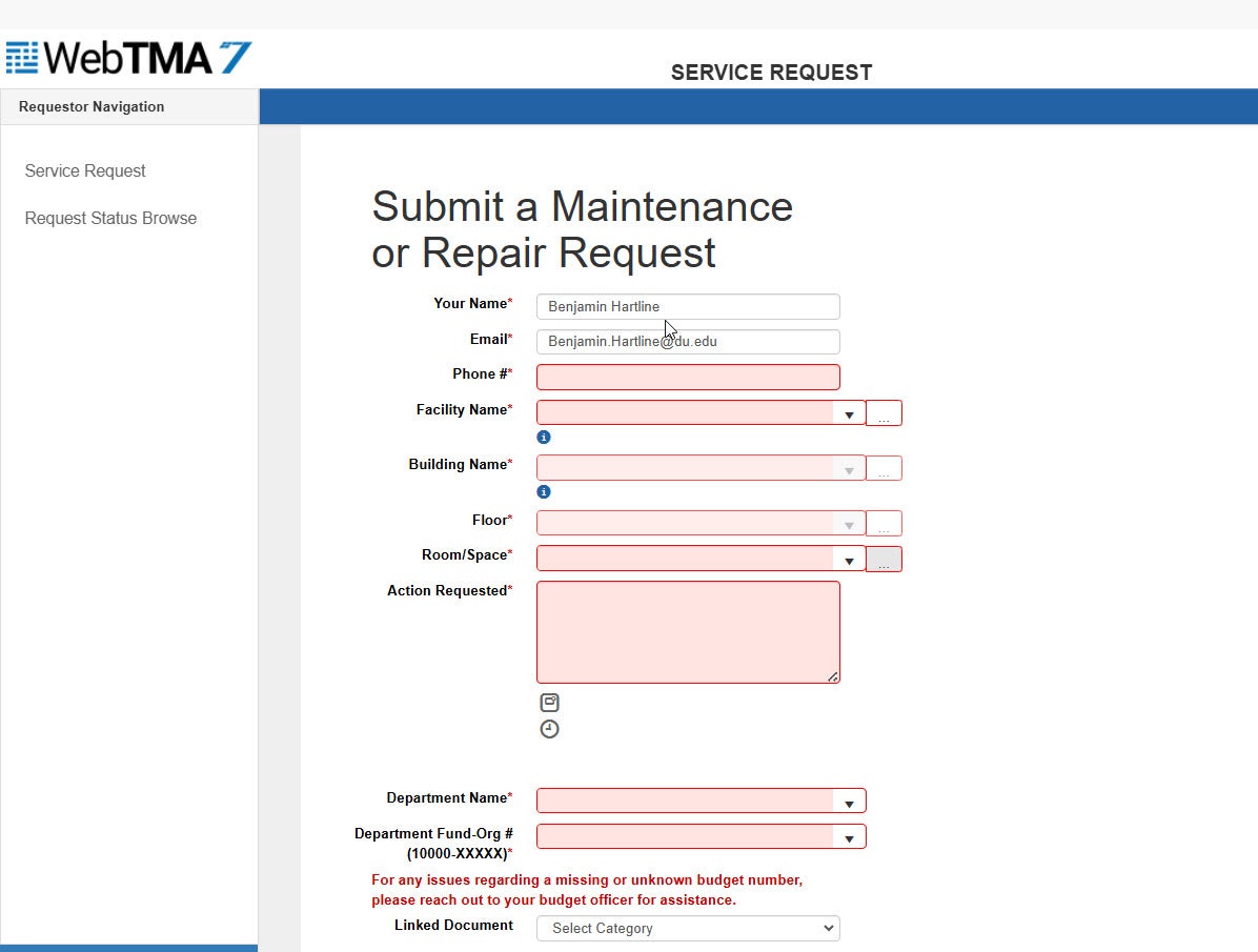 Select a Facilities form to request campus facilities services