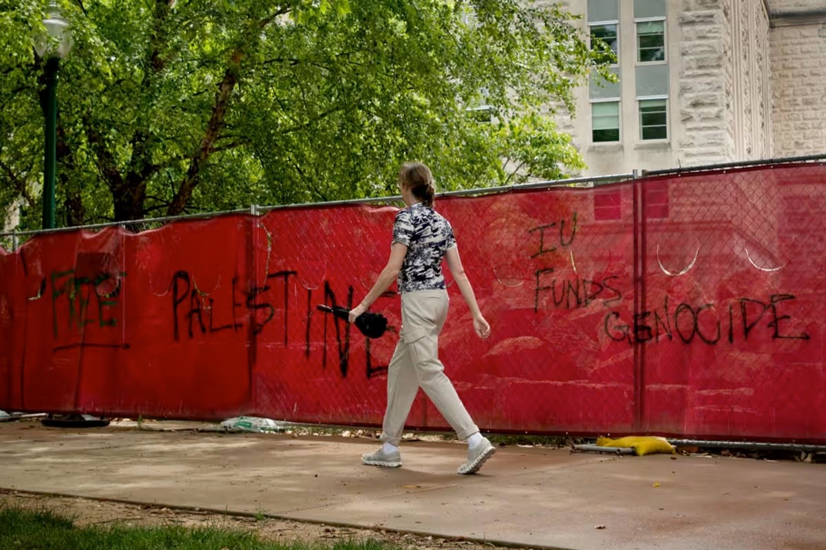 pedestrian walking with umbrella next to Free Palestine graffiti