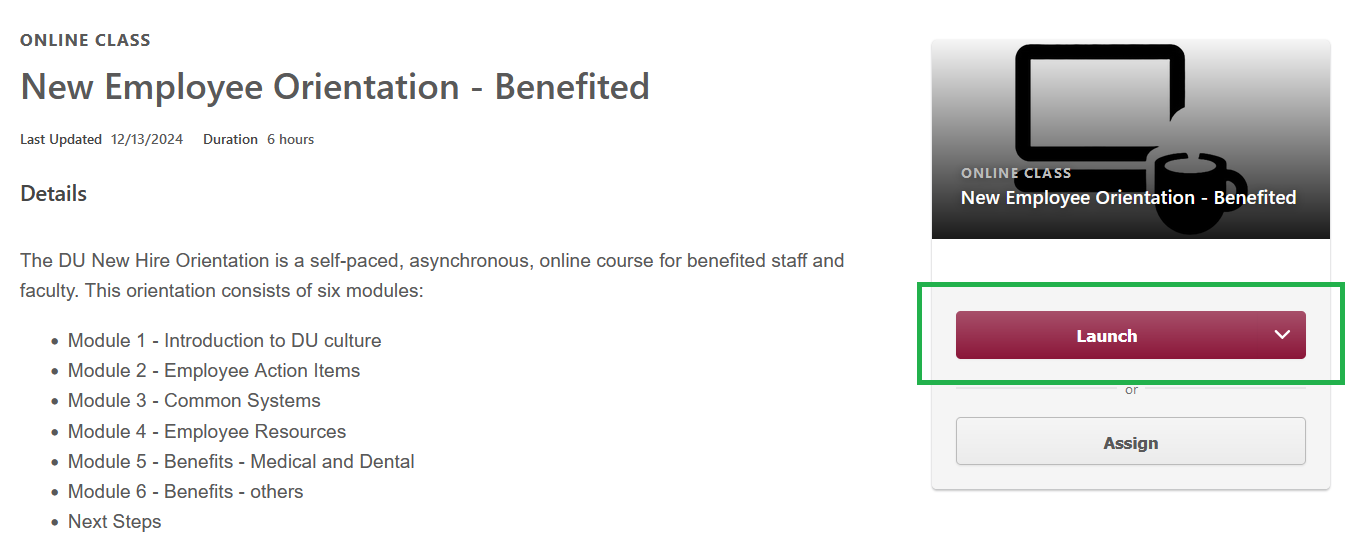 shows a green square surrounding the Launch option to launch the self paced online course