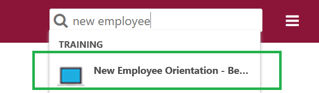 Image of search function on Talent@DU, which resides on the top right. Shows the new employee orientation on the first dropdown option. 