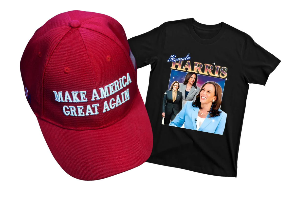 A MAGA hat and a Kamala Harris t-shirt