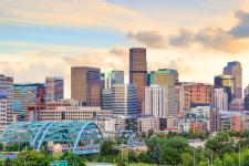 The Denver skyline at sunset.