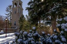 A snowy scene on the University of Denver campus.