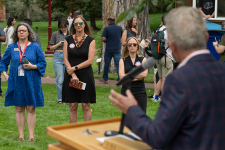 Chancellor Jermey Haefner reading from the Grapes of Wrath, a banned book, during a Constitution Day Event