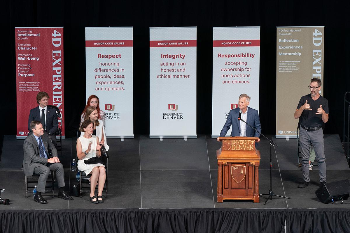 Chancellor Jeremy Haefner addresses students and parents during Convocation.