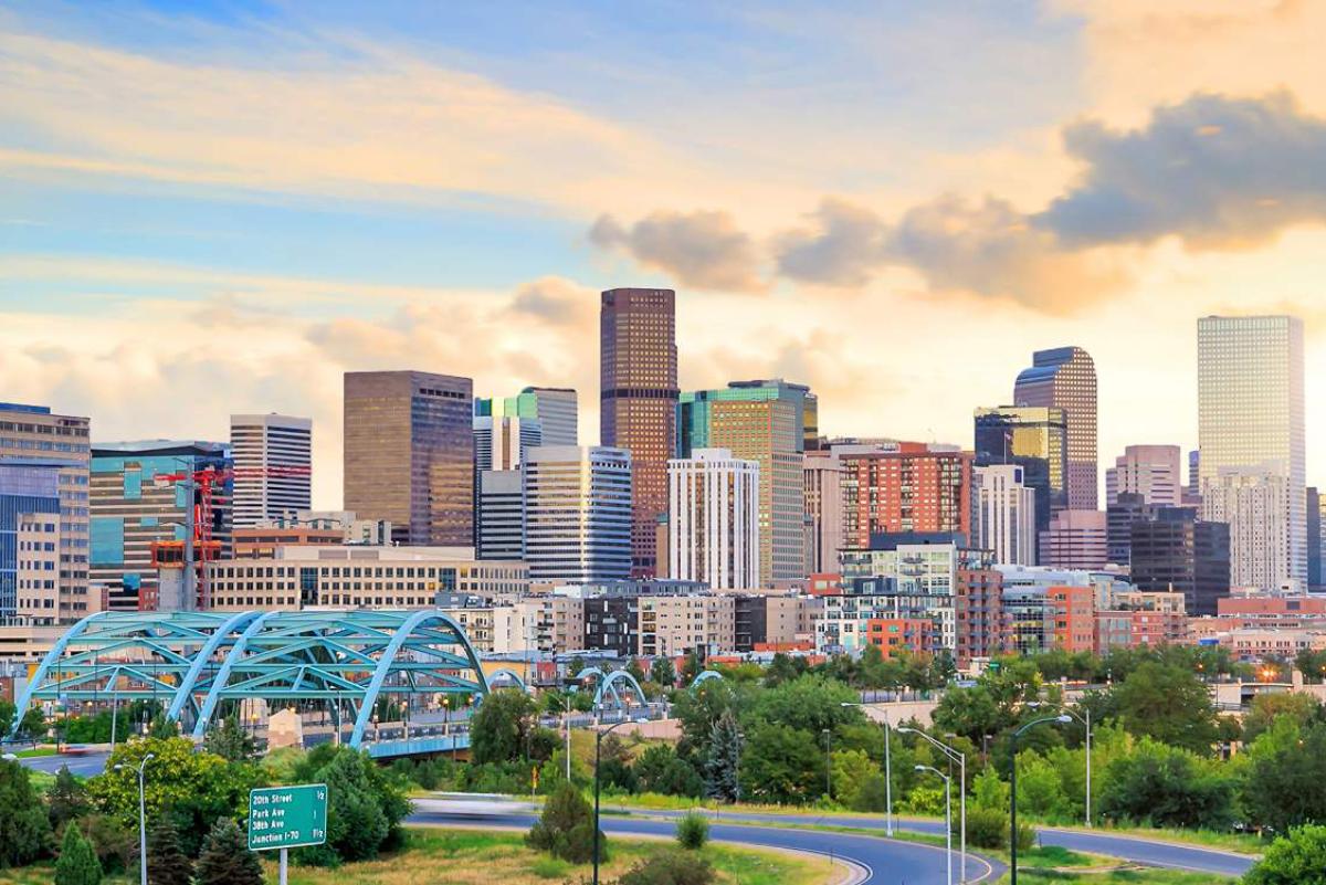 The Denver skyline at sunset.