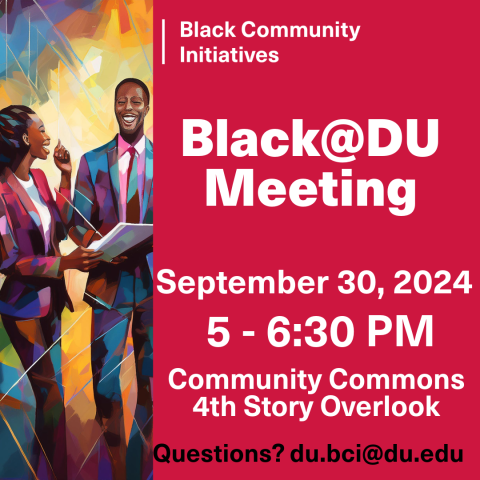 Black@DU graphic with two black professionals conversing and event details (description listed below)