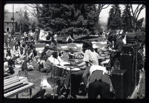 A band performs outside of Buchtel Memorial Chapel on the University of Denver campus. 