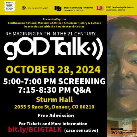 God Talk event graphic: text explaining event details and highlighting the Smithsonian to the left. On the right a painting of a black person