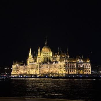 The Hungarian Parliament building at night.