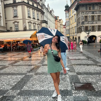 Abigail Hopper poses with an umbrella.