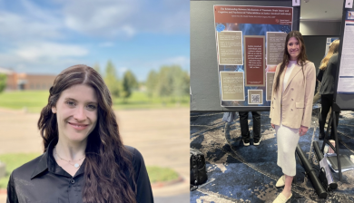 Profile photo of Nye and a photo of them presenting research at a conference. 