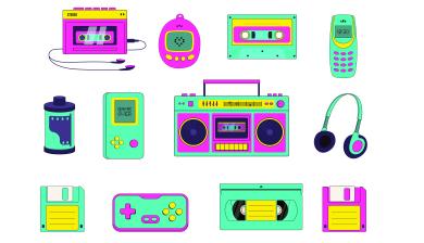 Colorful vector image of 1990s electronics.