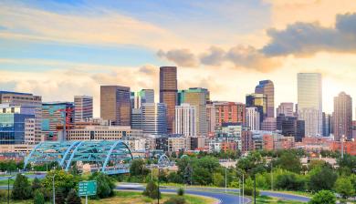 The Denver skyline at sunset.