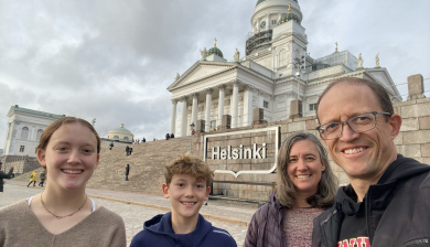 The Wilson family in front of the University of Helsinki.