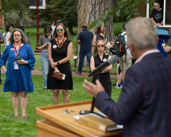 Chancellor Jermey Haefner reading from the Grapes of Wrath, a banned book, during a Constitution Day Event